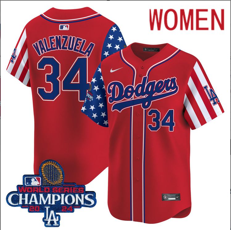 Women MLB Los Angeles Dodgers 34 Valenzuela American Style red 2024 World Series Champions Limited Jersey